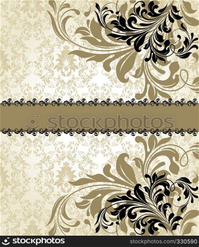Vintage invitation card with ornate elegant abstract floral design, black and grayish brown flowers on gray background with ribbon. Vector illustration.