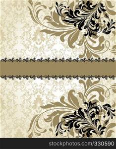 Vintage invitation card with ornate elegant abstract floral design, black and grayish brown flowers on gray background with ribbon. Vector illustration.