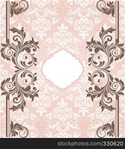 Vintage invitation card with ornate elegant abstract floral design, brown and white flowers on pink. Vector illustration.