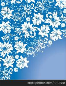 Vintage invitation card with ornate elegant abstract floral design, white flowers on blue background. Vector illustration.