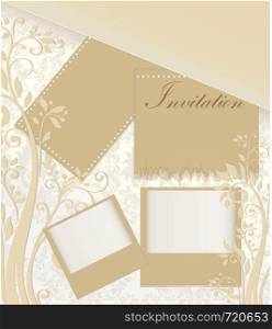 Vintage invitation card with ornate elegant retro abstract floral design, beige flowers and leaves on light gray and beige background with note cards and text label. Vector illustration.