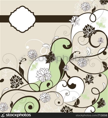 Vintage invitation card with ornate elegant retro abstract floral design, black and white flowers and leaves on pale yellow and green background with ribbon. Vector illustration.