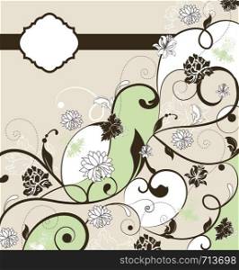 Vintage invitation card with ornate elegant retro abstract floral design, black and white flowers and leaves on pale yellow and green background with ribbon. Vector illustration.