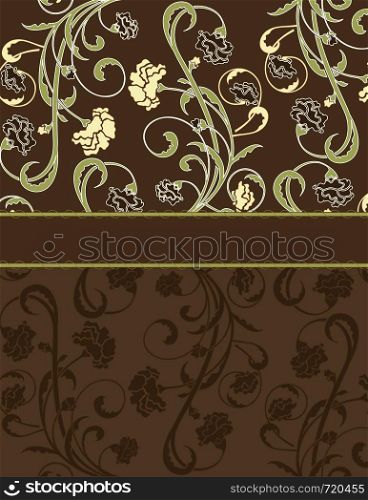 Vintage invitation card with ornate elegant retro abstract floral design, black and yellow flowers and green leaves on chocolate brown background with ribbon text label. Vector illustration.