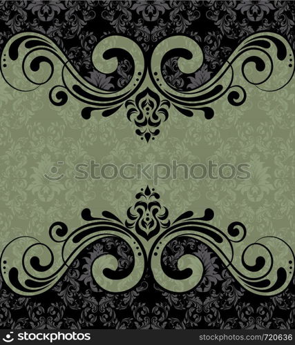 Vintage invitation card with ornate elegant retro abstract floral design, black and gray flowers and leaves on grayish green and black background with text label. Vector illustration.