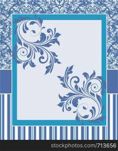 Vintage invitation card with ornate elegant retro abstract floral design, blue and white flowers and leaves with ribbon and stripes and light blue frame border. Vector illustration.