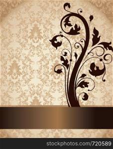 Vintage invitation card with ornate elegant retro abstract floral design, brown flowers and leaves on light brown and gold background with ribbon text label. Vector illustration.