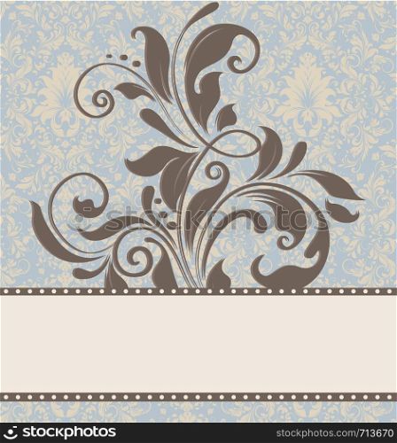 Vintage invitation card with ornate elegant retro abstract floral design, brownish gray and pale yellow flowers and leaves on pale blue background with ribbon label. Vector illustration.