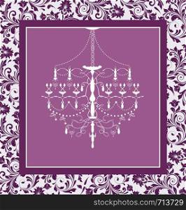 Vintage invitation card with ornate elegant retro abstract floral design, chandelier on purple background with frame border and text label on dark purple flowers and leaves on white background. Vector illustration.