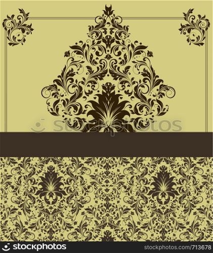 Vintage invitation card with ornate elegant retro abstract floral design, chocolate brown flowers and leaves on yellow green background with ribbon label. Vector illustration.