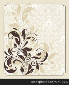 Vintage invitation card with ornate elegant retro abstract floral design, chocolate brown flowers and leaves on faded yellow green background with frame border. Vector illustration.