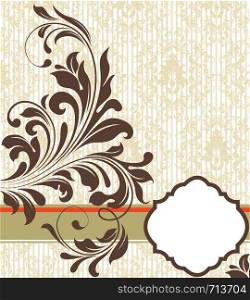 Vintage invitation card with ornate elegant retro abstract floral design, chocolate brown flowers and leaves on striped pale yellow and white background with gold and red ribbon label. Vector illustration.