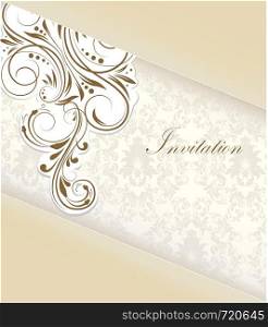 Vintage invitation card with ornate elegant retro abstract floral design, chocolate brown flowers and leaves on light gray and beige background with text label. Vector illustration.