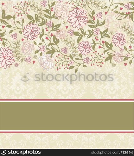 Vintage invitation card with ornate elegant retro abstract floral design, coral pink and olive green flowers and leaves on pale yellow green background with ribbon label. Vector illustration.