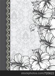 Vintage invitation card with ornate elegant retro abstract floral design, dark gray and white flowers and leaves on light gray background with ribbon and text label. Vector illustration.