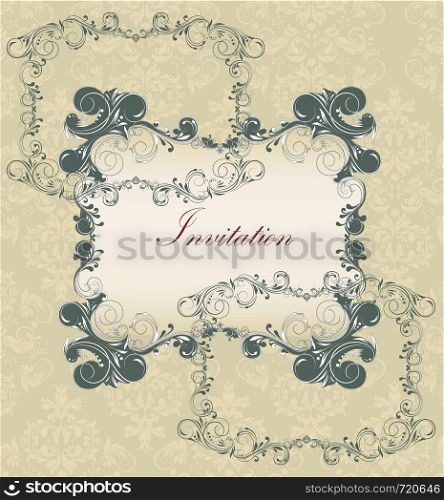 Vintage invitation card with ornate elegant retro abstract floral design, dark gray flowers and leaves on beige background with plaque text label. Vector illustration.