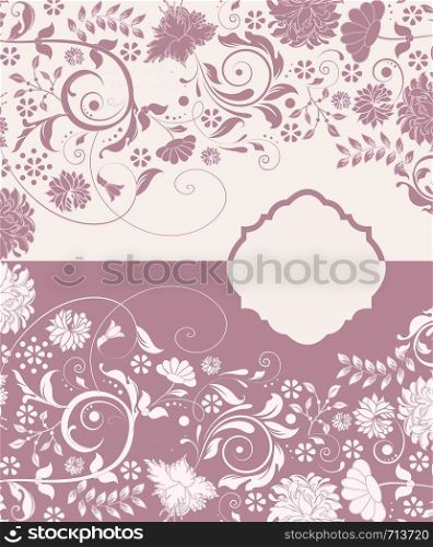 Vintage invitation card with ornate elegant retro abstract floral design, dark pink and white flowers and leaves with plaque text label. Vector illustration.