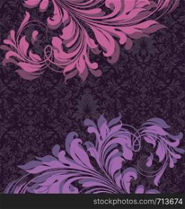 Vintage invitation card with ornate elegant retro abstract floral design, fuschia pink and violet flowers and leaves on dark purple background. Vector illustration.