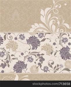 Vintage invitation card with ornate elegant retro abstract floral design, gray and khaki brown flowers and leaves on flesh background and flesh flowers and leaves on khaki brown background. Vector illustration.