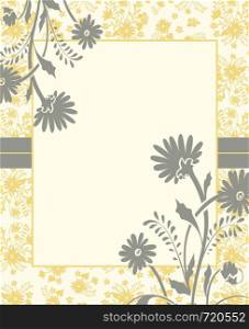 Vintage invitation card with ornate elegant retro abstract floral design, gray and yellow flowers and leaves on white background with ribbon frame border and text label. Vector illustration.