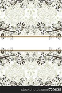 Vintage invitation card with ornate elegant retro abstract floral design, gray and light olive green flowers and leaves on white background with ribbon text label. Vector illustration.