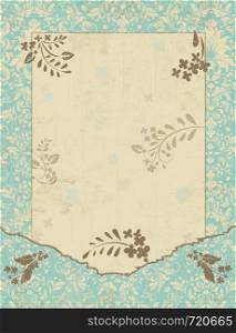 Vintage invitation card with ornate elegant retro abstract floral design, gray and pale yellow flowers and leaves on light teal blue background with frame border and text label. Vector illustration.