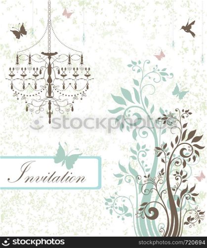 Vintage invitation card with ornate elegant retro abstract floral design, gray and light teal blue flowers and leaves on faded green and white background with chandelier birds butterflies and text label. Vector illustration.