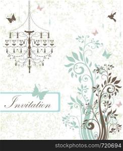 Vintage invitation card with ornate elegant retro abstract floral design, gray and light teal blue flowers and leaves on faded green and white background with chandelier birds butterflies and text label. Vector illustration.