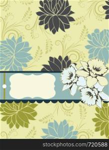 Vintage invitation card with ornate elegant retro abstract floral design, gray light blue yellow green flowers and leaves on yellow green background with ribbon text label. Vector illustration.