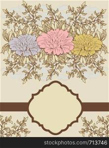 Vintage invitation card with ornate elegant retro abstract floral design, gray pink and orange flowers with beige and tan leaves on pale yellow background with brown ribbon and plaque text label. Vector illustration.