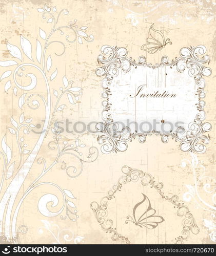 Vintage invitation card with ornate elegant retro abstract floral design, grayish brown flowers and leaves on scratch texture faded beige background with butterflies and plaque text label. Vector illustration.