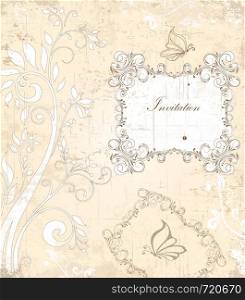 Vintage invitation card with ornate elegant retro abstract floral design, grayish brown flowers and leaves on scratch texture faded beige background with butterflies and plaque text label. Vector illustration.