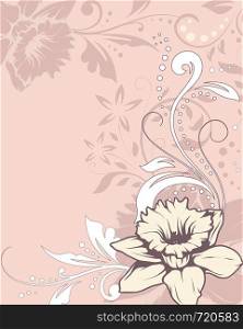 Vintage invitation card with ornate elegant retro abstract floral design, grayish pink and white flowers and leaves on beige background with text label. Vector illustration.