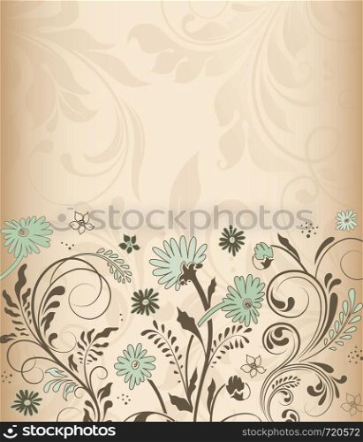 Vintage invitation card with ornate elegant retro abstract floral design, laurel green and chocolate brown flowers and leaves on pale light brown background with text label. Vector illustration.