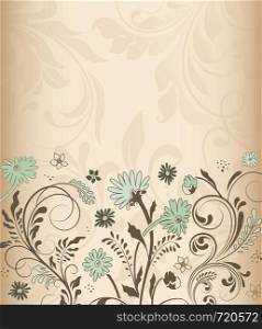 Vintage invitation card with ornate elegant retro abstract floral design, laurel green and chocolate brown flowers and leaves on pale light brown background with text label. Vector illustration.