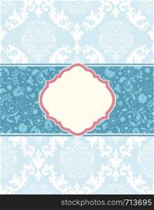 Vintage invitation card with ornate elegant retro abstract floral design, light blue flowers and leaves on air force blue ribbon label on pale light blue background. Vector illustration.