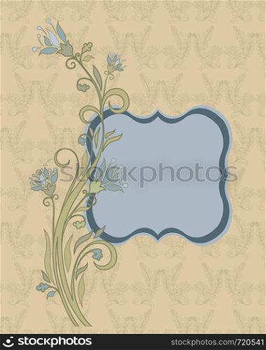 Vintage invitation card with ornate elegant retro abstract floral design, light blue and cadet gray flowers and light green leaves on pale yellow background with plaque text label. Vector illustration.