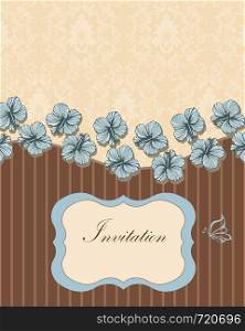 Vintage invitation card with ornate elegant retro abstract floral design, light blue Hibiscus flowers on pale yellow and chocolate brown background with stripes butterfly and plaque text label. Vector illustration.