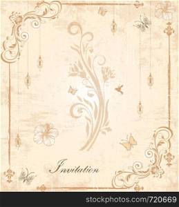 Vintage invitation card with ornate elegant retro abstract floral design, light brown flowers and leaves on scratch textured faded beige background with lanterns butterflies frame border and text label. Vector illustration.