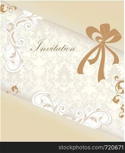 Vintage invitation card with ornate elegant retro abstract floral design, light brown and grayish brown flowers and leaves on light gray and beige background with ribbon and text label. Vector illustration.