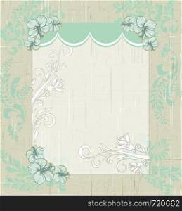 Vintage invitation card with ornate elegant retro abstract floral design, light green and light gray flowers and leaves on scratch textured pale light green and gray background with frame borders and text label. Vector illustration.