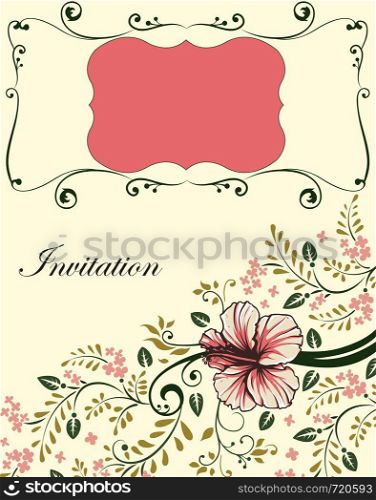 Vintage invitation card with ornate elegant retro abstract floral design, light red flowers and green leaves on pale yellow background with plaque text label. Vector illustration.