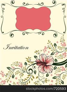 Vintage invitation card with ornate elegant retro abstract floral design, light red flowers and green leaves on pale yellow background with plaque text label. Vector illustration.