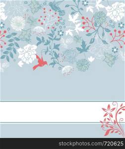 Vintage invitation card with ornate elegant retro abstract floral design, light red light blue and white flowers and leaves on pale blue background with ribbon text label. Vector illustration.