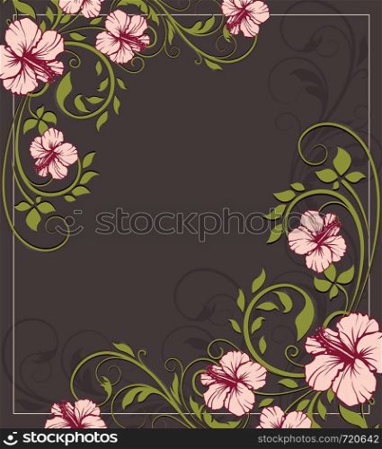 Vintage invitation card with ornate elegant retro abstract floral design, light red flowers and olive green leaves on dark grayish brown background with frame border and text label. Vector illustration.