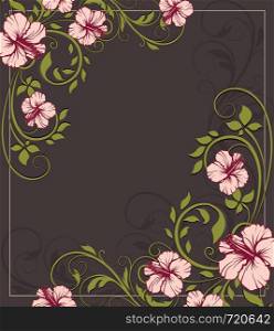 Vintage invitation card with ornate elegant retro abstract floral design, light red flowers and olive green leaves on dark grayish brown background with frame border and text label. Vector illustration.