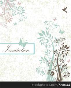 Vintage invitation card with ornate elegant retro abstract floral design, light teal and light grayish brown flowers and leaves on pale green and white background with butterflies birds and text label. Vector illustration.