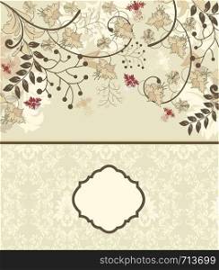 Vintage invitation card with ornate elegant retro abstract floral design, light yellow dark red and brown flowers and leaves on pale yellow green background with label. Vector illustration.