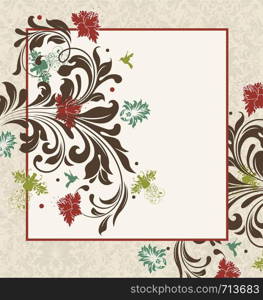 Vintage invitation card with ornate elegant retro abstract floral design, multi-colored flowers and leaves on faded yellow green background with frame border. Vector illustration.