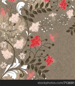 Vintage invitation card with ornate elegant retro abstract floral design, multi-colored flowers and leaves on light brown background. Vector illustration.